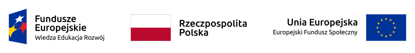 Znak funduszy Europejskich Wiedza Edukacja Rozwój, barwy Rzeczypospolitej Polskiej, znak Unii Europejskiej z nazwą Europejski Fundusz Społeczny