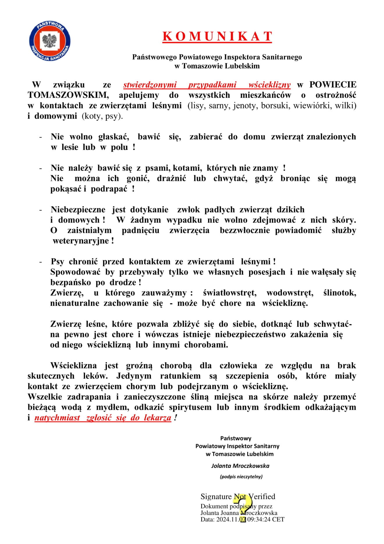 Nowe ogniska wścieklizny zwierząt na terenie powiatu