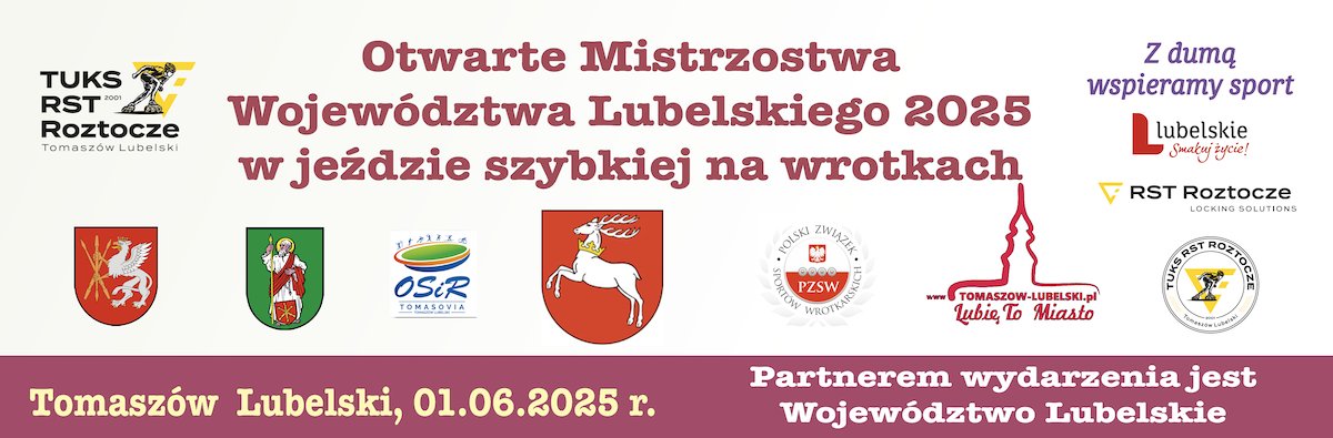 Plakat zapowiadający Otwarte Mistrzostwa Województwa Lubelskiego 2025 w jeździe szybkiej na wrotkach
