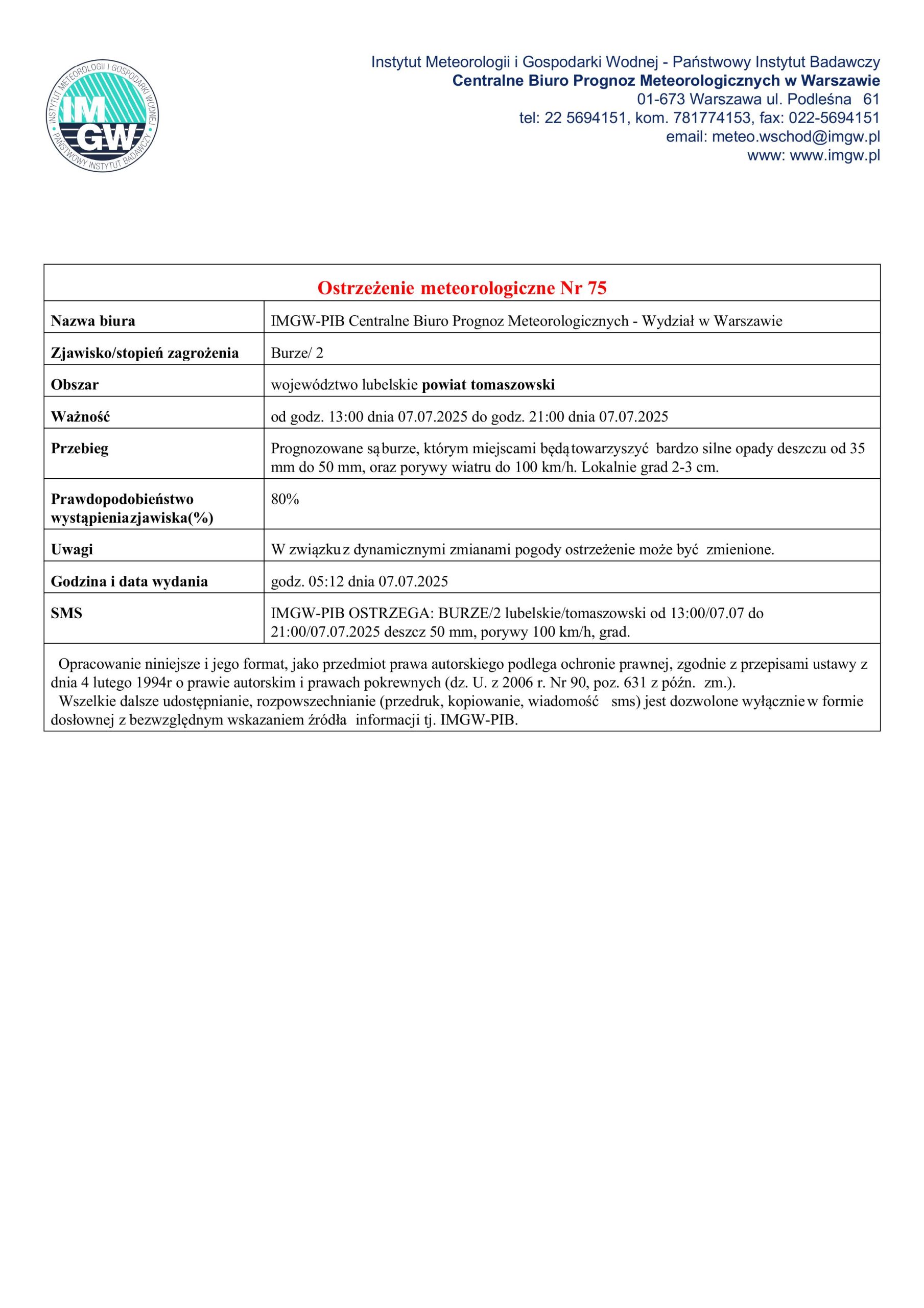 Ostrzeżenie meteorologiczne Nr 75 dla powiatu tomaszowskiego (woj. lubelskie): Burze (stopień 2) prognozowane w dniu 7 lipca 2025 r. w godz. 13:00–21:00. Możliwe opady deszczu 35–50 mm, porywy wiatru do 100 km/h, lokalnie grad 2–3 cm. Prawdopodobieństwo: 80%.