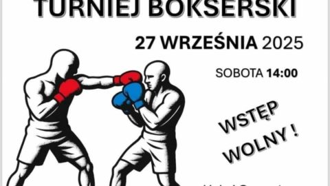 Plakat informujący o VII Kresowym Turnieju Bokserskim, który odbędzie się 27 września 2025 r. o godz. 14.00 w hali I Liceum Ogólnokształcącego im. Bartosza Głowackiego w Tomaszowie Lubelskim, przy ul. Wyspiańskiego 8. Na plakacie dwóch walczących bokserów jeden w czerwonych, drugi w niebieskich rękawicach.
