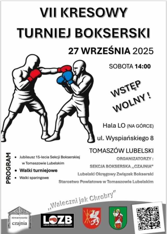 Plakat informujący o VII Kresowym Turnieju Bokserskim. Hasło turnieju: „Waleczni jak Chrobry”, który odbędzie się 27 września 2025 r. o godz. 14.00 w hali I Liceum Ogólnokształcącego im. Bartosza Głowackiego w Tomaszowie Lubelskim, przy ul. Wyspiańskiego 8. Na plakacie dwóch walczących bokserów jeden w czerwonych, drugi w niebieskich rękawicach. Na dole logotypy organizatora i współorganizatorów.