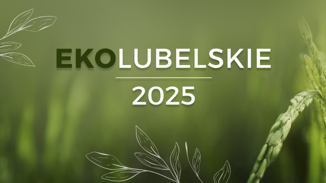 Zielona grafika z napisem Ekolubelskie 2025, ozdobiona rysunkami liści i kłosem zboża