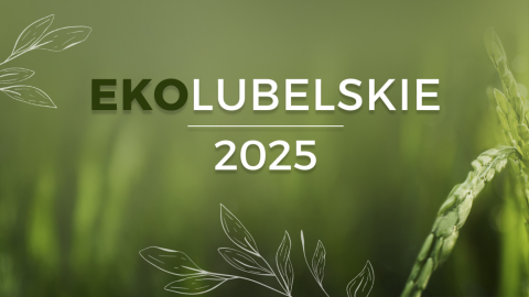 Zielona grafika z napisem Ekolubelskie 2025, ozdobiona rysunkami liści i kłosem zboża
