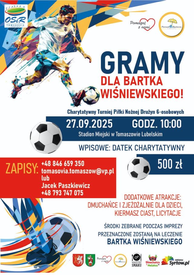 PLAKAT INFORMUJĄCY O CHARYDATYWNYM TURNIEJU PIŁKI NOŻNEJ 27.09.2025 GODZINA 10:00