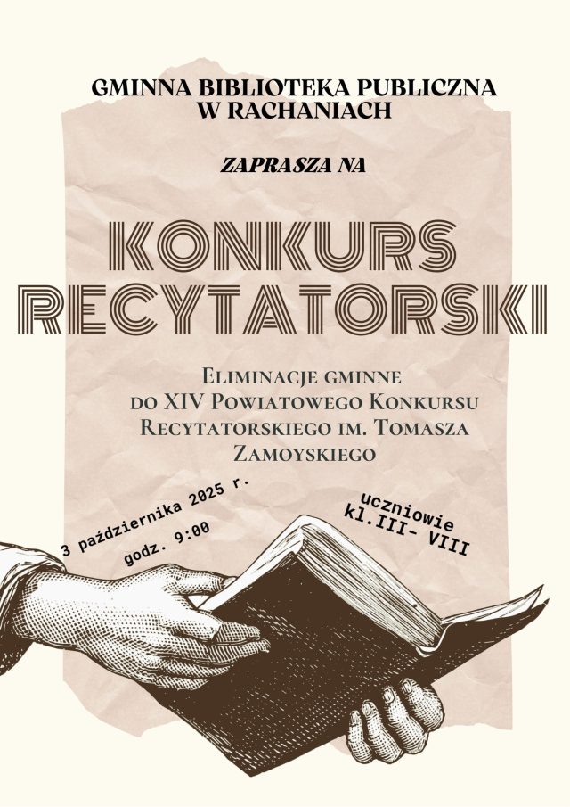 Plakat informujący o konkursie recytatorskim 3.10.2025 Biblioteka w Rachaniach