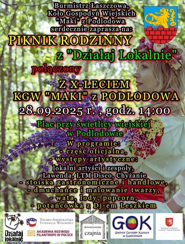 PLAKAT INFORMUJĄCY PIKNIK RODZINNY, X-LECIE ''MAKI'' Z PODLODOWA28.09.2025.
