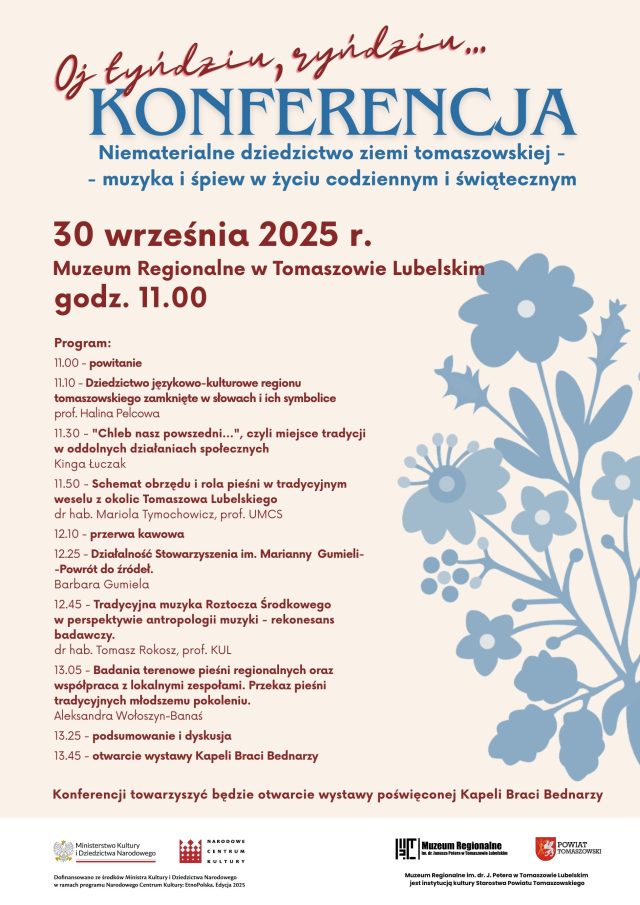 Plakat zapraszający na konferencję pt. „Oj tyńdziu, ryńdziu… – niematerialne dziedzictwo ziemi tomaszowskiej: muzyka i śpiew w życiu codziennym i świątecznym” 