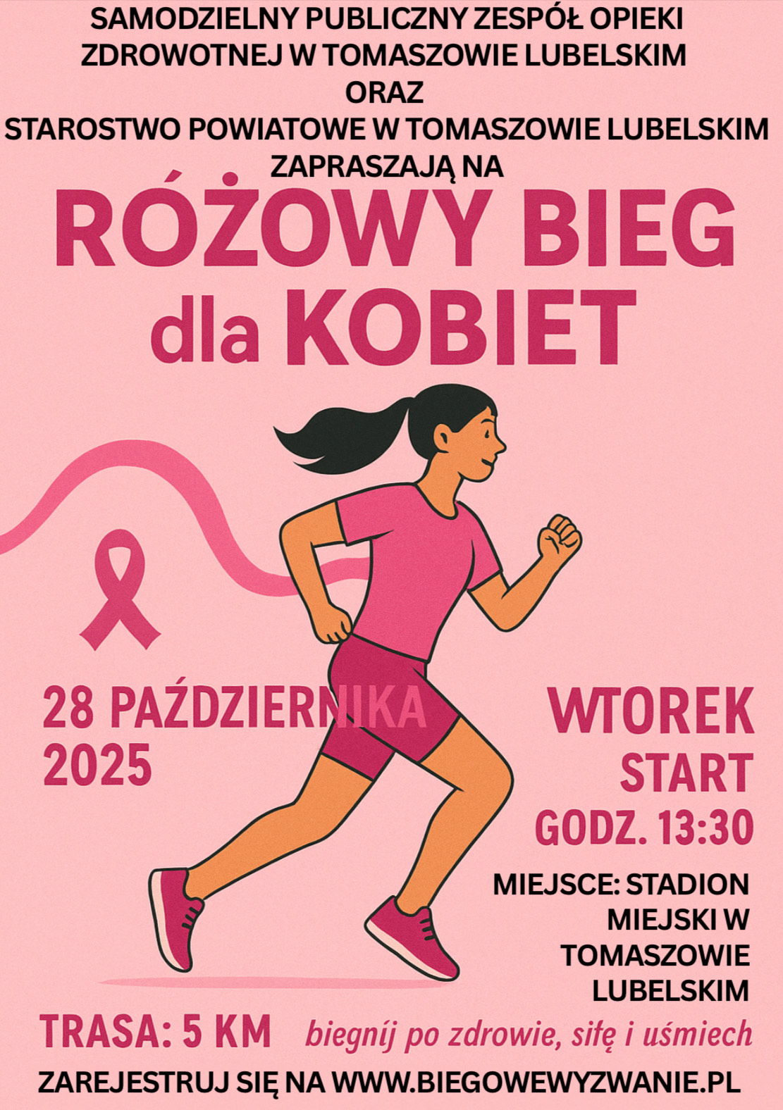PLAKAT INFORMUJĄCY O WYDARZENIU RÓŻOWY BIEG DLA KOBIET