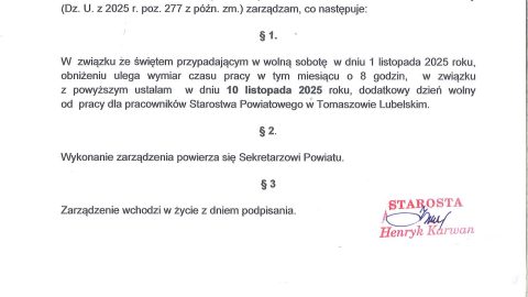 Zarządzenie Starosty Tomaszowskiego w sprawie ustalenia 10 listopada 2025 r. dniem wolnym od pracy w Starostwie Powiatowym w Tomaszowie Lubelskim