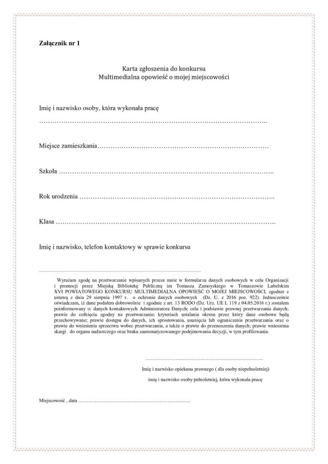 KARTA ZGŁOSZENIA DO KONKURSU