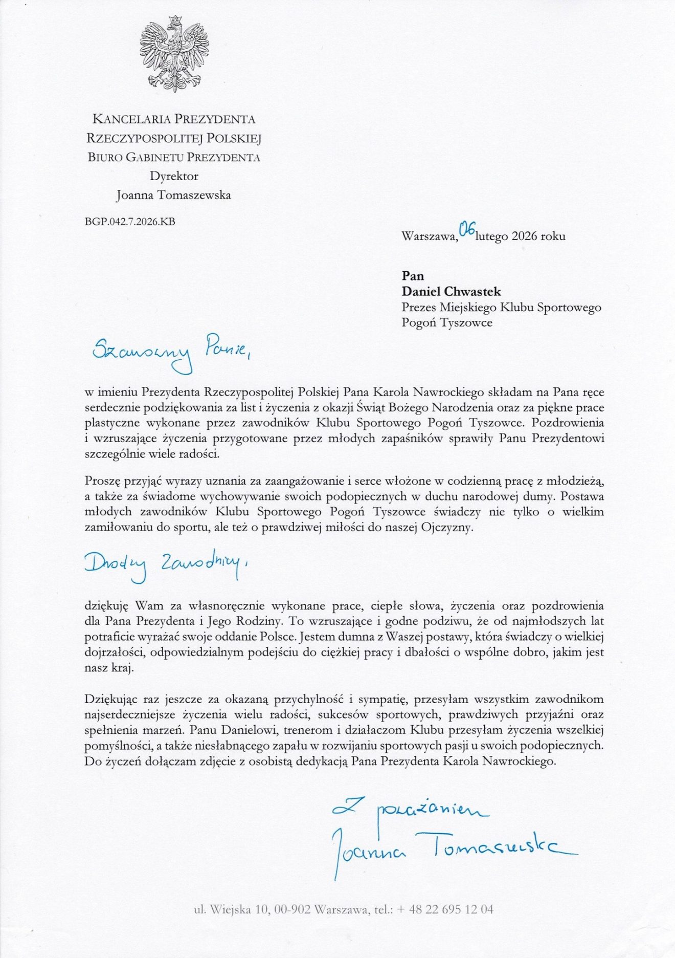 Podziękowanie od Prezydenta Karola Nawrockiego dla zawodników MKS Pogoń Tyszowce