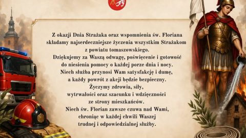 Zdjęcie przedstawia życzenia dla strażaków oraz wizerunek św Floriana
