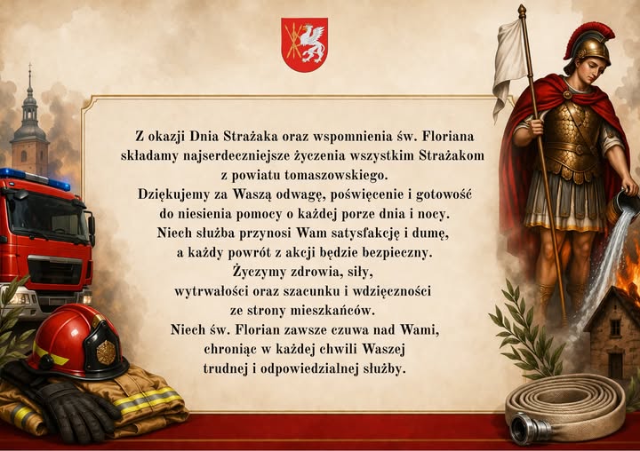 Zdjęcie przedstawia życzenia dla strażaków oraz wizerunek św Floriana