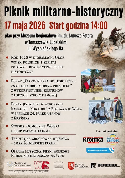 Plakat informujący o pikniku militarno-historycznym, który odbędzie się 17 maja 2026 roku w Tomaszowie Lubelskim.