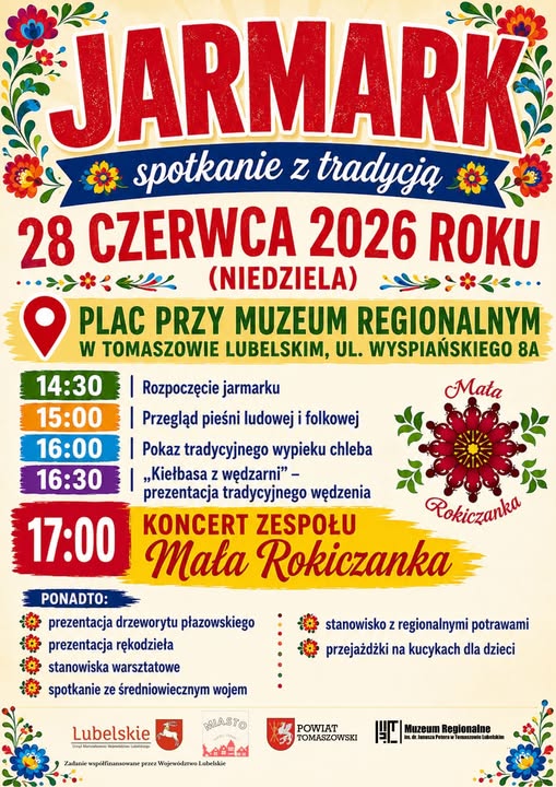 Plakat promujący Jarmark „Spotkanie z Tradycją”, który odbędzie się 28 czerwca 2026 r. w Tomaszowie Lubelskim. W programie koncert zespołu Mała Rokiczanka, prezentacje tradycji ludowych, rękodzieło i regionalne smaki.