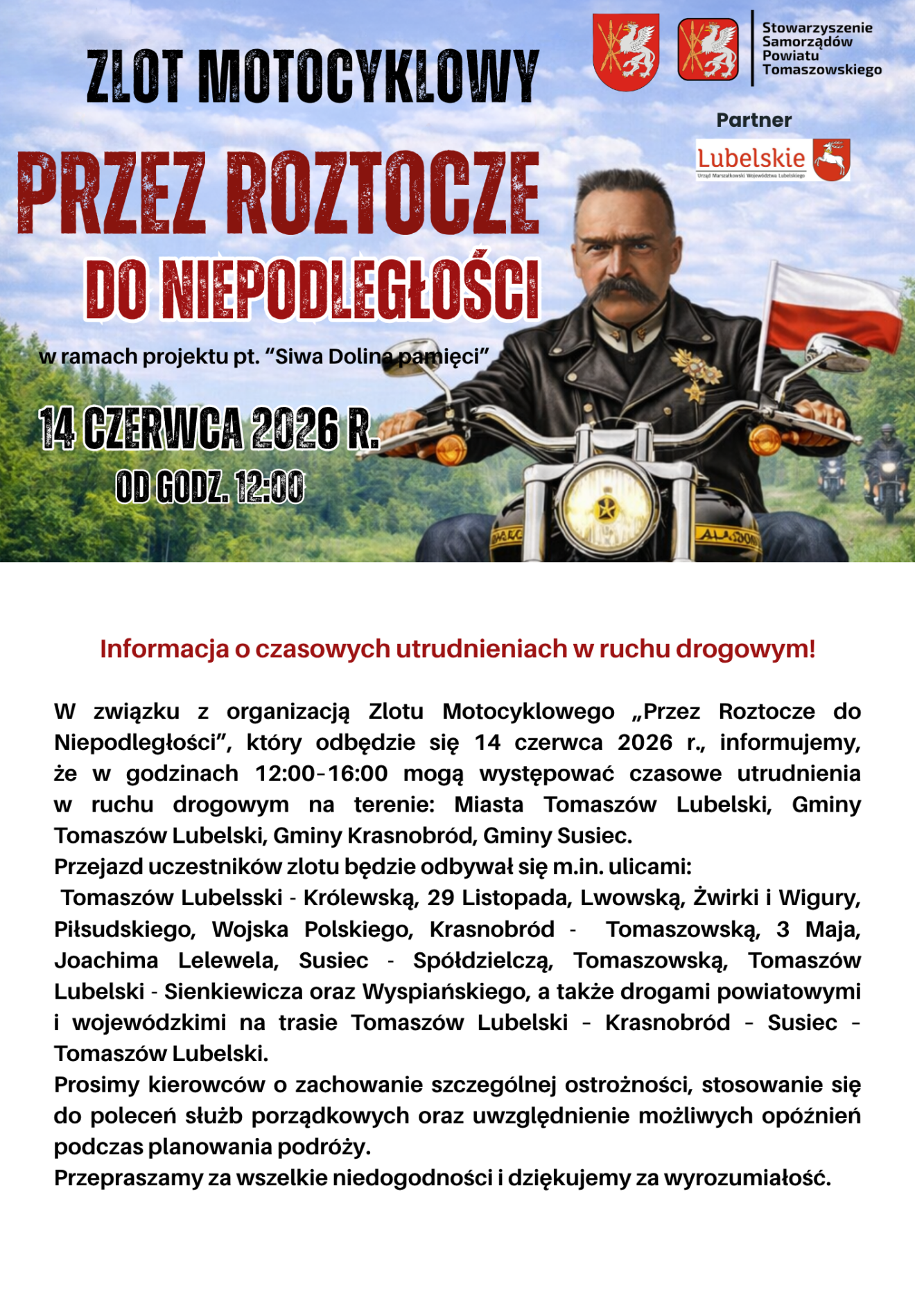 informacja na temat utrudnień w ruchu w dniu 14 czerwca w związku z przejazdem zlotu motocyklowego.