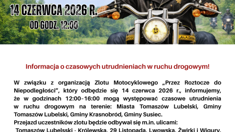 informacja na temat utrudnień w ruchu w dniu 14 czerwca w związku z przejazdem zlotu motocyklowego.