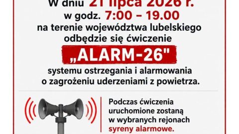 Na zdjęciu znajduje się plakat informujący o ćwiczeniach systemu ostrzegania i reagowania o zagrożeniu .