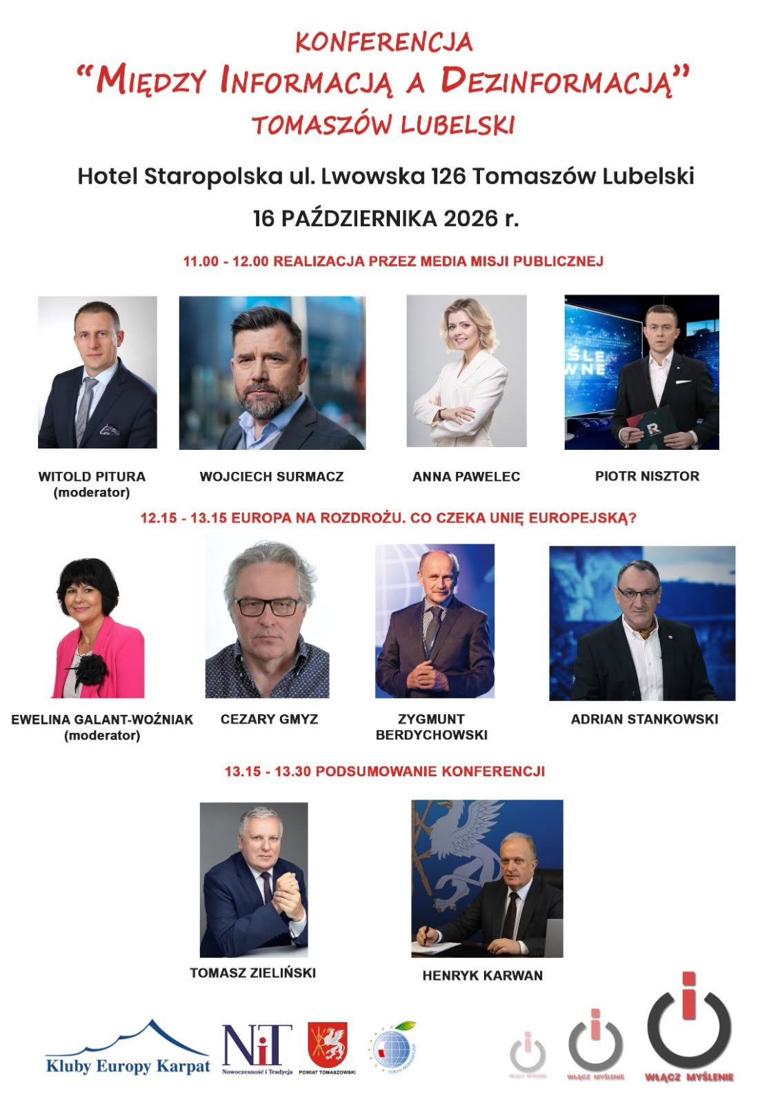 Plakat konferencji „Między informacją a dezinformacją” w Tomaszowie Lubelskim. W programie debaty o misji mediów publicznych i przyszłości Unii Europejskiej. Data: 16 października 2026 r.