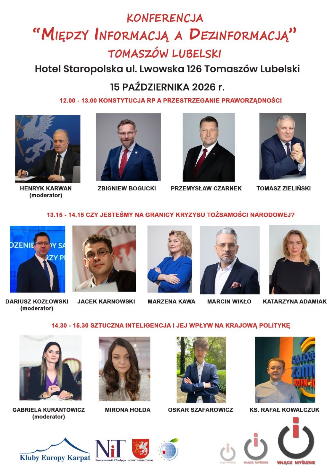Plakat konferencji „Między informacją a dezinformacją” w Tomaszowie Lubelskim. W programie debaty o praworządności, tożsamości narodowej i wpływie sztucznej inteligencji na politykę. Data: 15 października 2026 r.